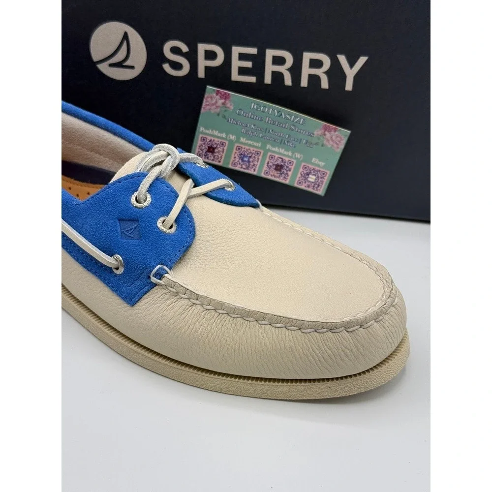 Sperry Top-Sider Authentic‎ Original Mens Cream Blue Leather Suede Boat Shoes